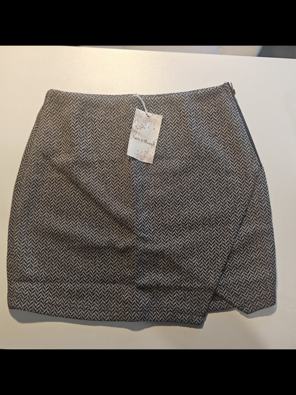 Hem & Thread Black and White Herringbone Mini Skirt